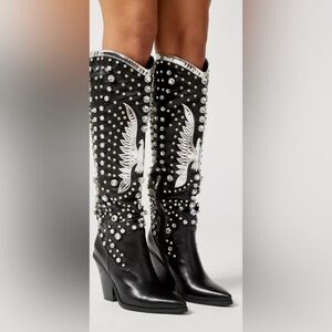 Azalea Wang Black Studded Western Heeled Knee Boots with White Wing Embroidery